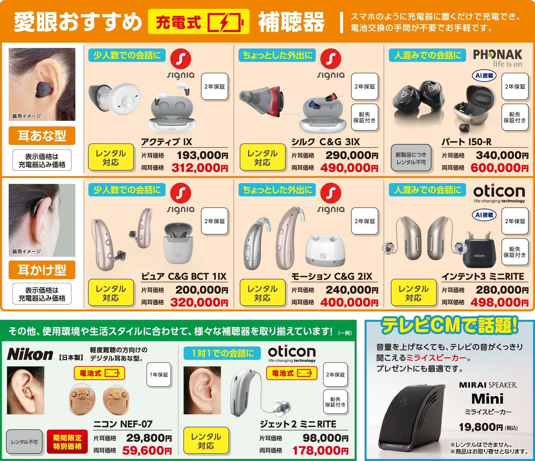愛眼おすすめ充電式補聴器、スマホのように充電器に置くだけで充電でき、電池交換の手間が不要でお手軽です。