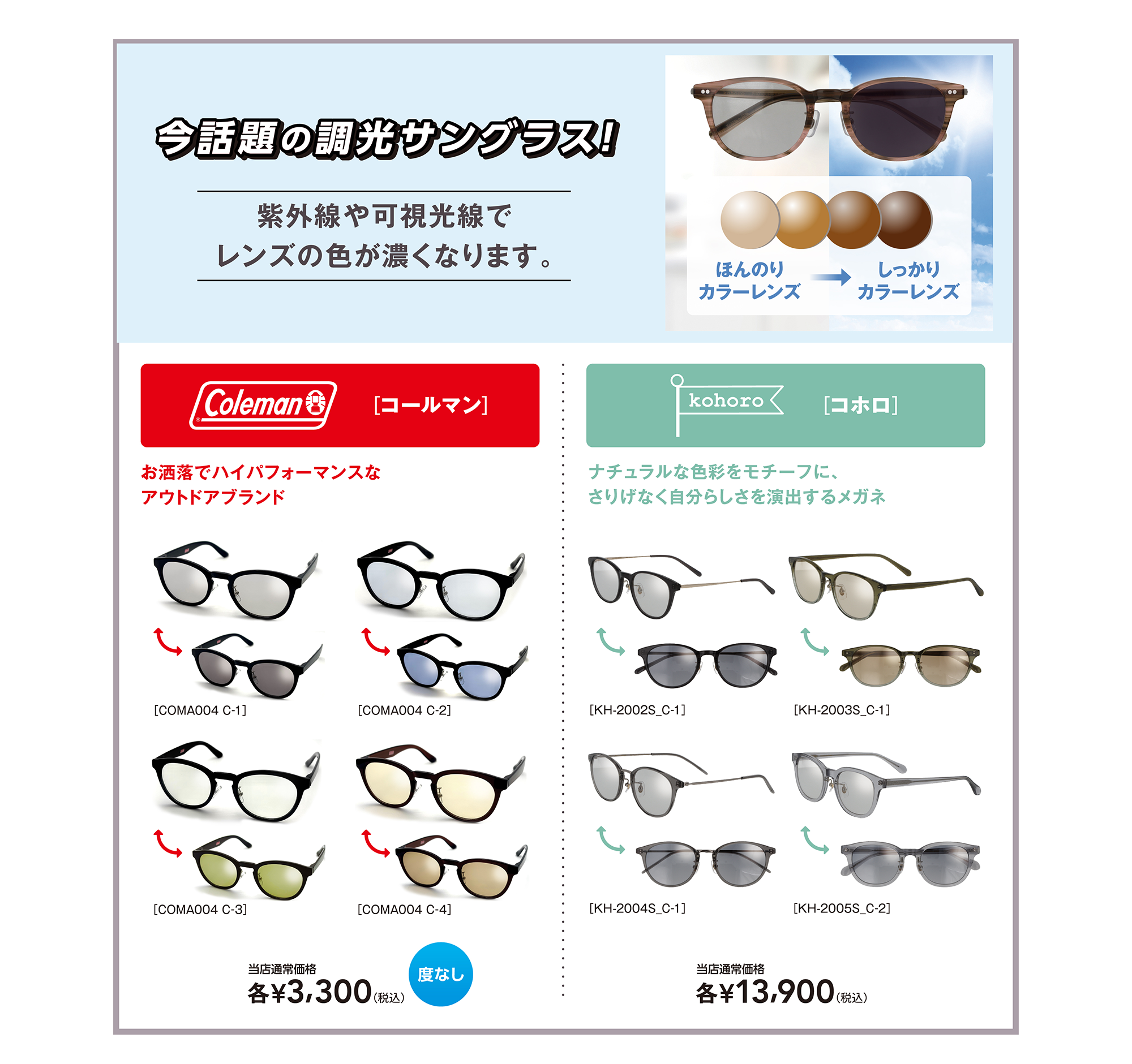 今話題の調光サングラス! 紫外線や可視光線でレンズの色が濃くなります。