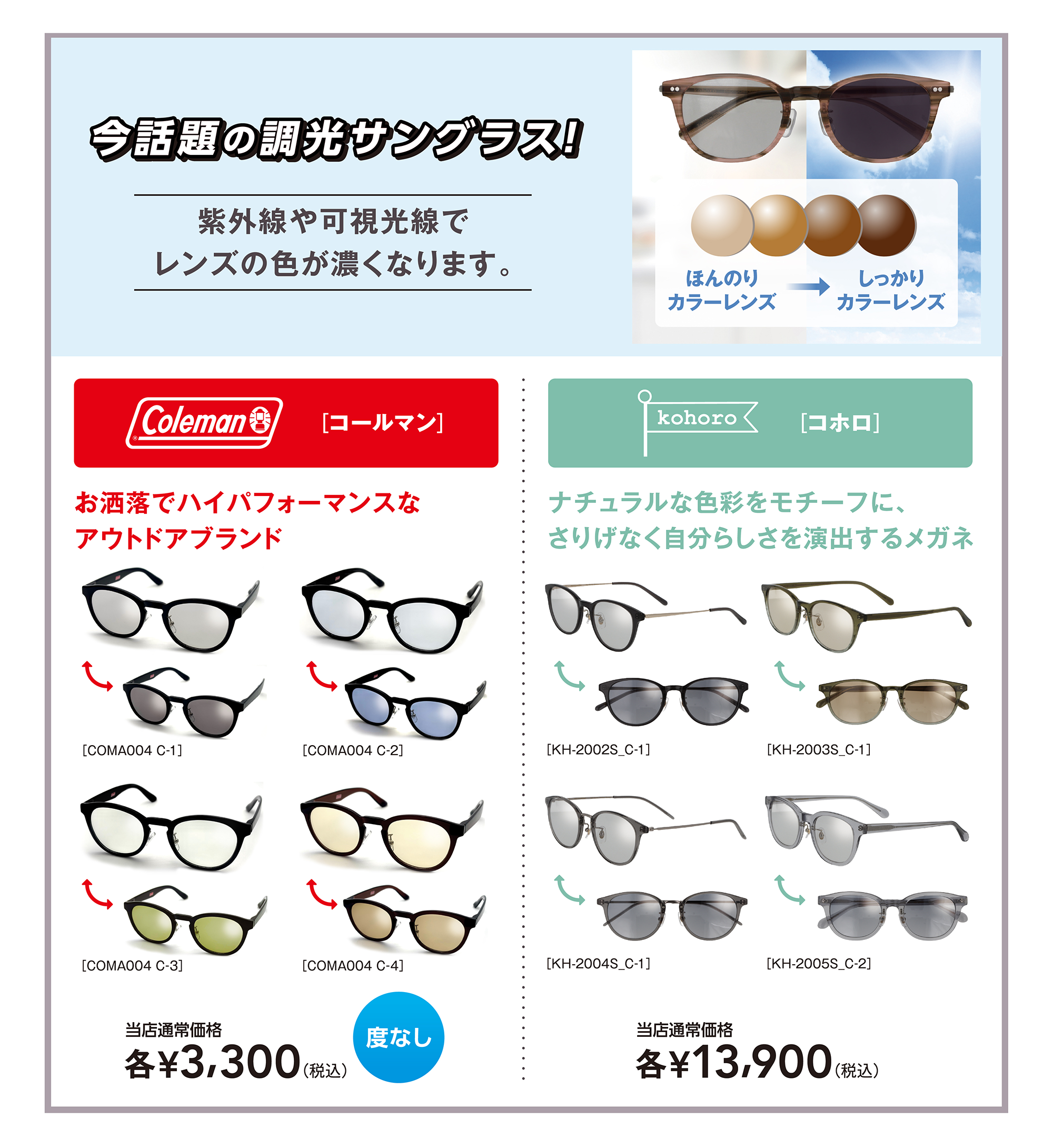 今話題の調光サングラス! 紫外線や可視光線でレンズの色が濃くなります。