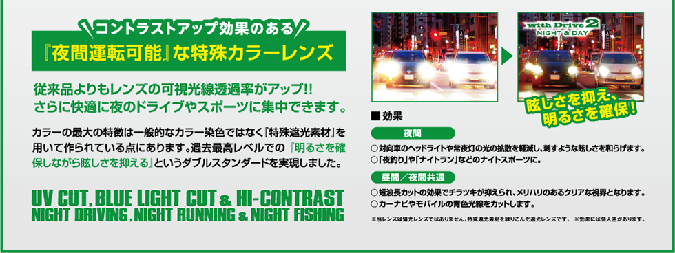 コントラストアップ効果のある『夜間運転可能』な特殊カラーレンズ