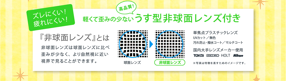 ズレにくい！疲れにくい！軽くて歪みの少ない高品質うす型非球面レンズ付き