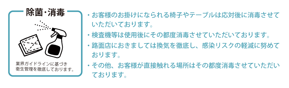 除菌・消毒　・お客様のお掛けになられる椅子やテーブルは応対後に消毒させていただいております。・検査機等は使用後にその都度消毒させていただいております。・路面店におきましては換気を徹底し、感染リスクの軽減に努めております。・その他、お客様が直接触れる場所はその都度消毒させていただいております。