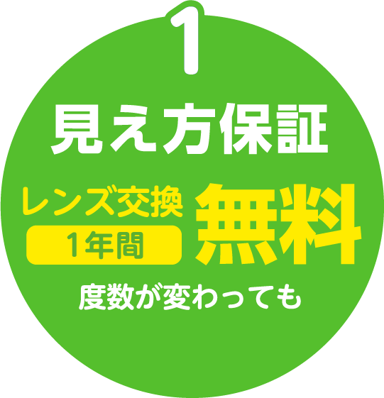 1.見え方保証：度数が変わってもレンズ交換1年間無料