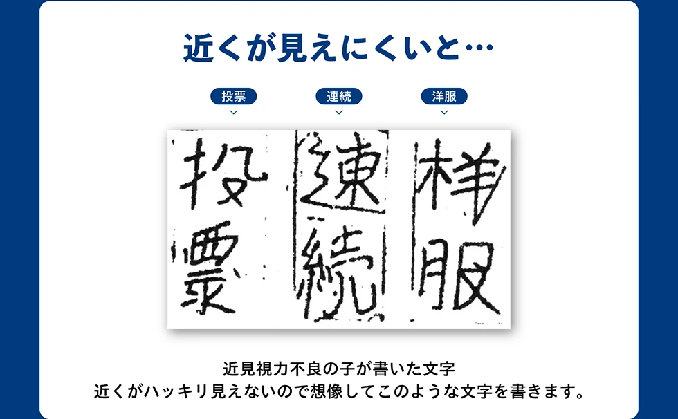 近くが見えにくいと… 近見視力不良の子が書いた文字、近くがハッキリ見えないので想像してこのような文字を書きます。