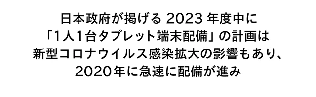 日本政府が掲げる2023年度中に「1人1台タブレット端末配備」の計画は新型コロナウイルス感染拡大の影響もあり、2020年に急速に配備が進み