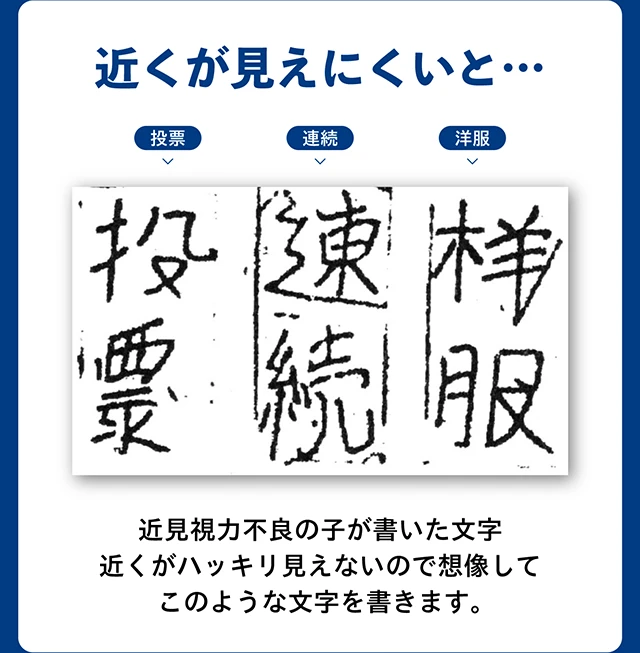 近くが見えにくいと… 近見視力不良の子が書いた文字、近くがハッキリ見えないので想像してこのような文字を書きます。