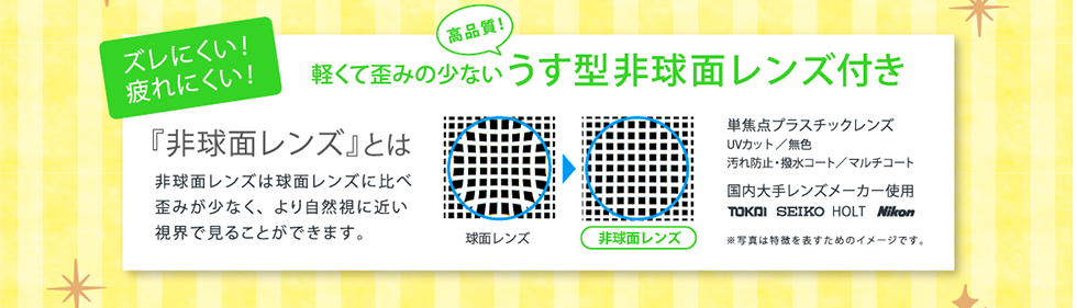 ズレにくい！疲れにくい！軽くて歪みの少ない高品質うす型非球面レンズ付き。非球面レンズは球面レンズに比べ歪みが少なく、より自然視に近い視界見ることができます。