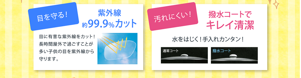 目を守る！紫外線約99.9%カット。汚れにくい！撥水コートでキレイ清潔。
