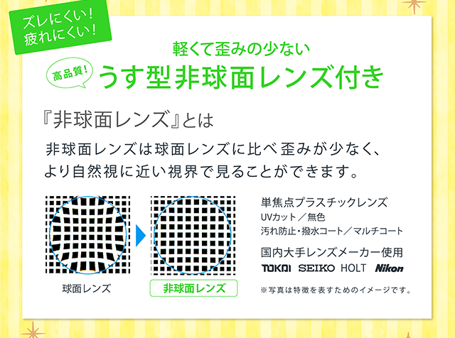 ズレにくい！疲れにくい！軽くて歪みの少ない高品質うす型非球面レンズ付き。非球面レンズは球面レンズに比べ歪みが少なく、より自然視に近い視界見ることができます。