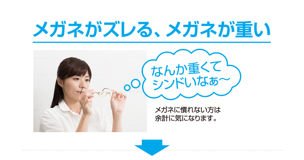 メガネがズレる、メガネが重い　なんか重くてシンドいなぁ～メガネに慣れない方は余計に気になります。