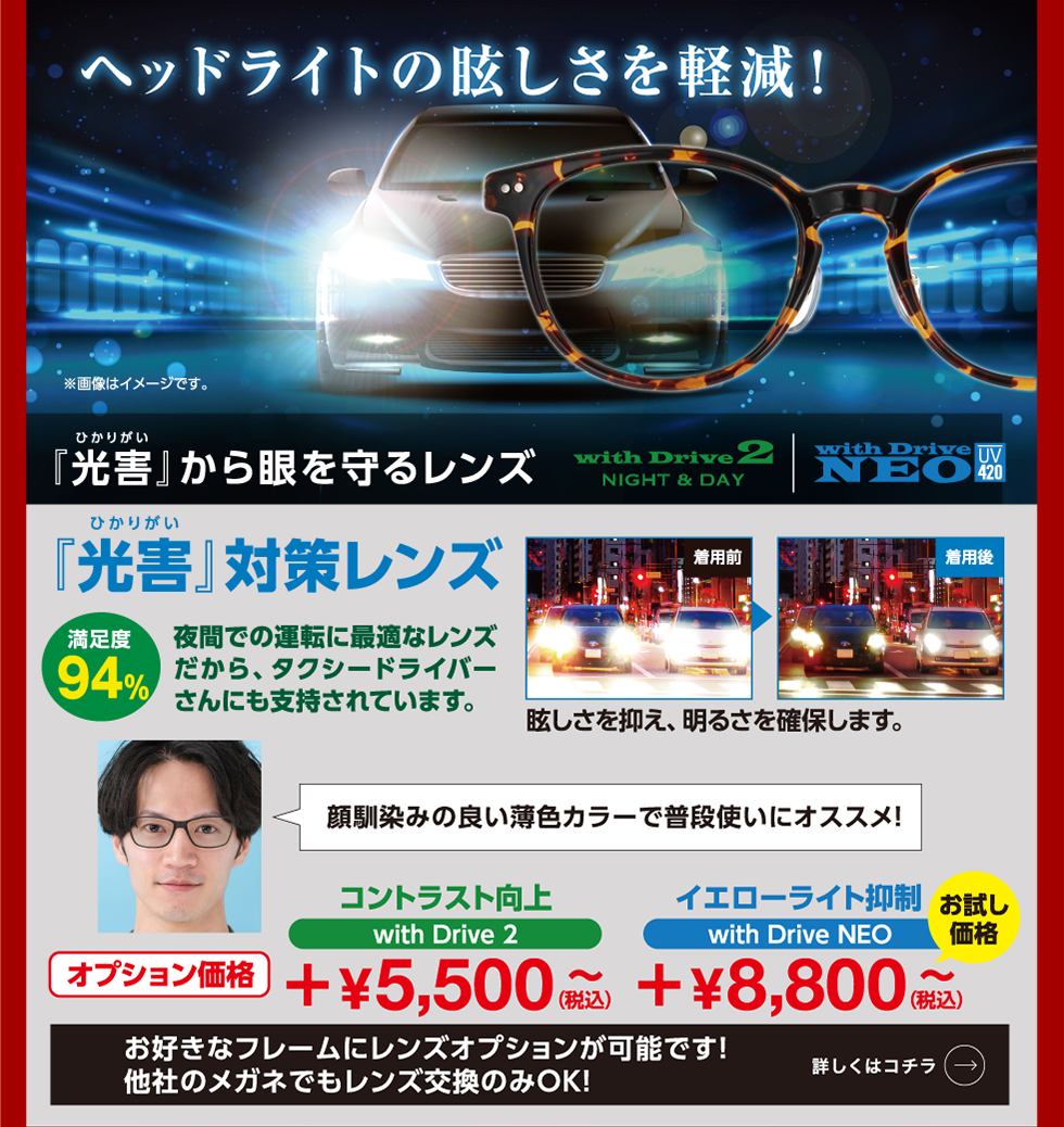 ヘッドライトの眩しさを軽減！『光害』から眼を守るレンズ