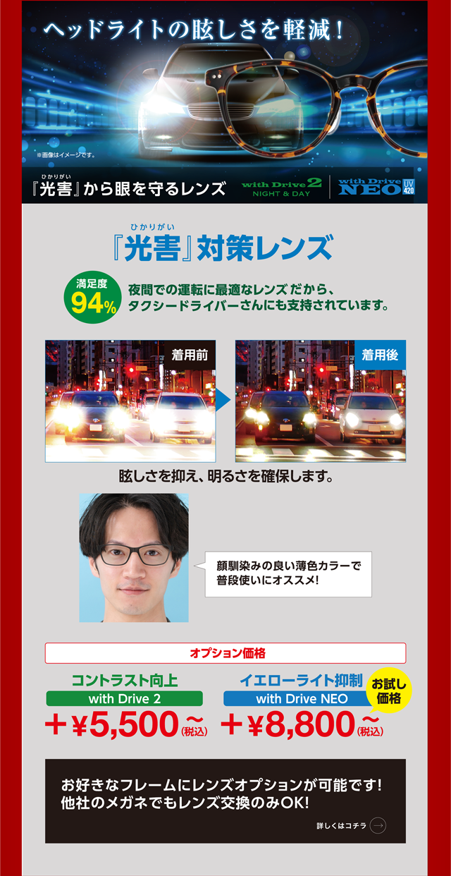 ヘッドライトの眩しさを軽減！『光害』から眼を守るレンズ
