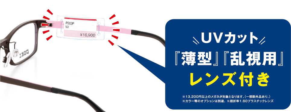 薄型レンズも遠近両用レンズもレンズ付き価格