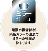 ミラー加工：超撥水機能付き！染色カラーの濃淡でミラーの強弱が決まります。