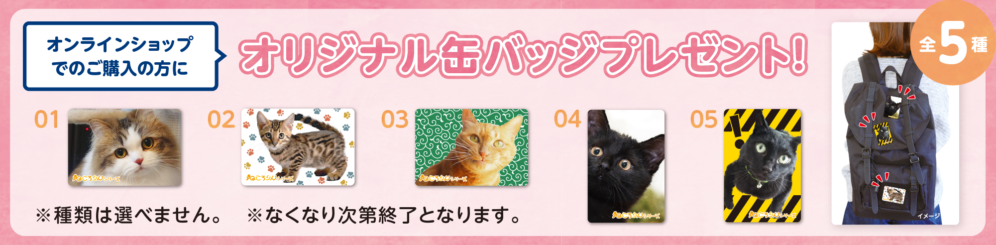 オンラインショップでのご購入の方に「オリジナル缶バッジ」プレゼント！※種類は選べません。※なくなり次第終了となります。